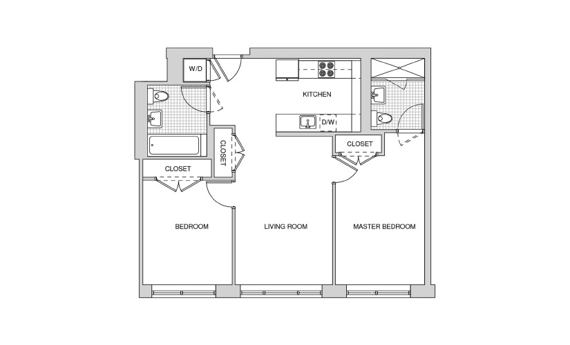 205, 305, 405, 505 - 2 bedroom floorplan layout with 2 bathrooms and 877 square feet