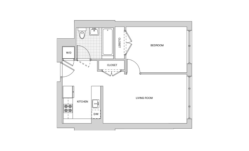 211, 311, 411, 512 - 1 bedroom floorplan layout with 1 bathroom and 623 square feet