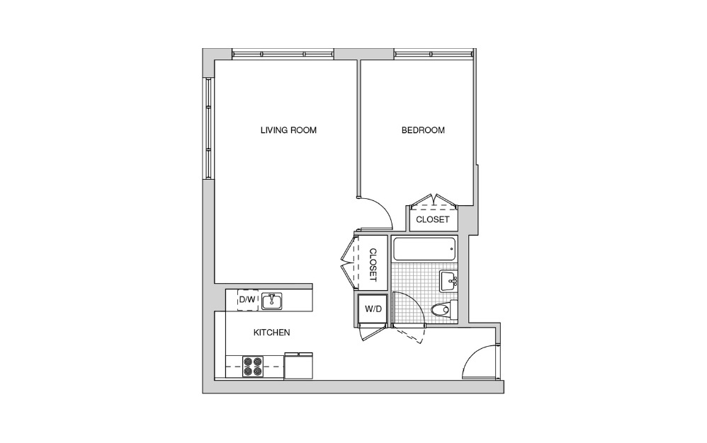 215, 315, 415 - 1 bedroom floorplan layout with 1 bath and 767 square feet.