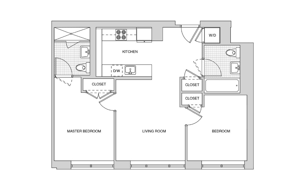 224, 324, 424, 521 - 2 bedroom floorplan layout with 2 bathrooms and 815 square feet