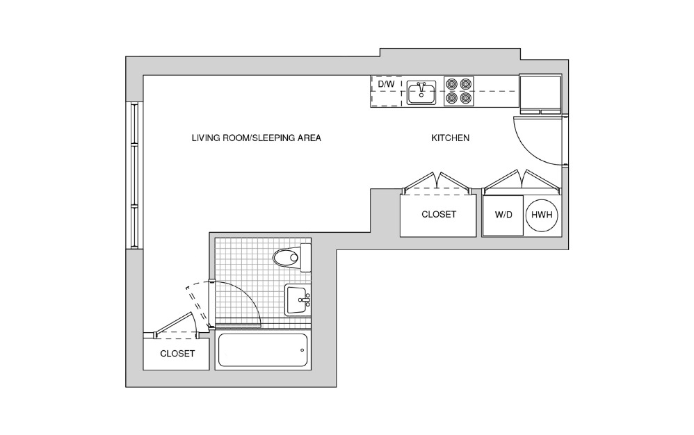 225, 325, 425 - Studio floorplan layout with 1 bath and 407 square feet.