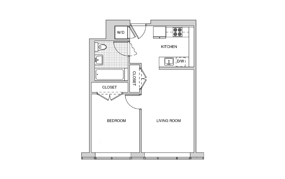 506 - 1 bedroom floorplan layout with 1 bathroom and 574 square feet