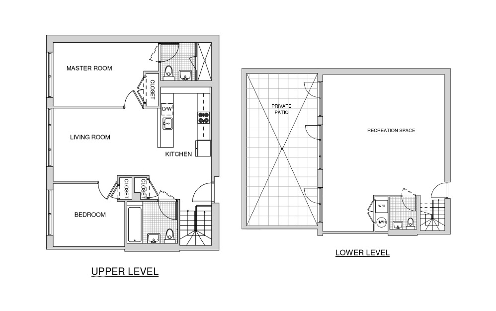 Duplex 112 with Patio - 2 bedroom floorplan layout with 2.5 baths and 1750 square feet.