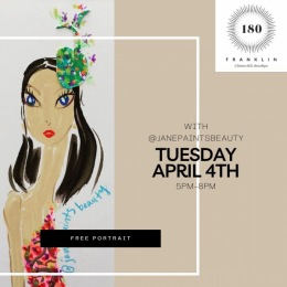 Join us on Tuesday April 4th from 5pm-8pm for your free hand-painted portrait for residents of 180 Franklin. @janepaintsbeauty will be in the ground floor workspace. Instagram post from @180franklinavenue on March 29, 2023 11:45:49am