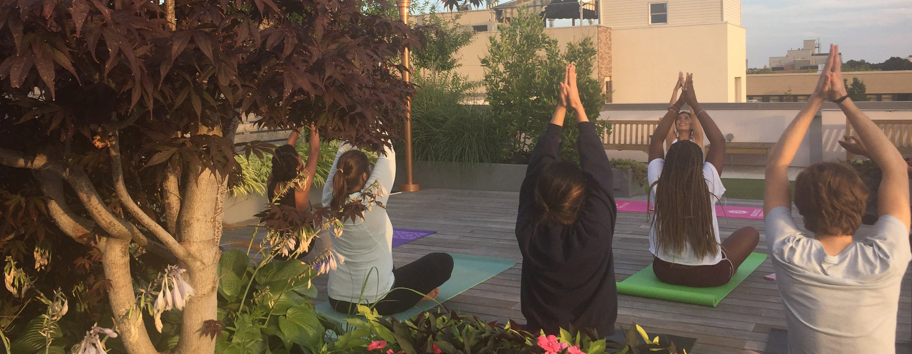 Roof-top yoga with people stretching praying hands to the air.